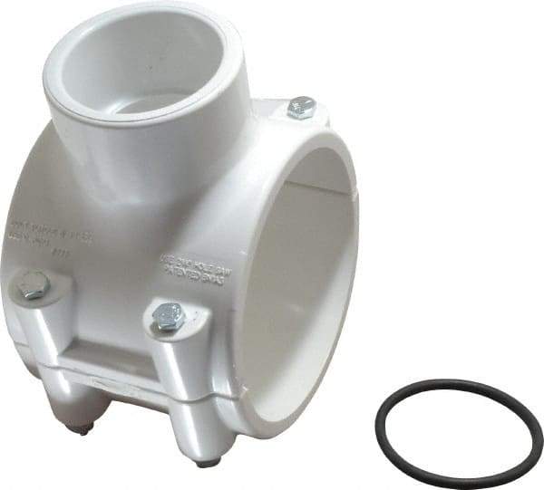 Value Collection - 4 x 2" PVC Plastic Pipe Clamp On Saddle with EPDM O-Ring - Schedule 40, Pipe O.D. x Soc End Connections - Exact Industrial Supply