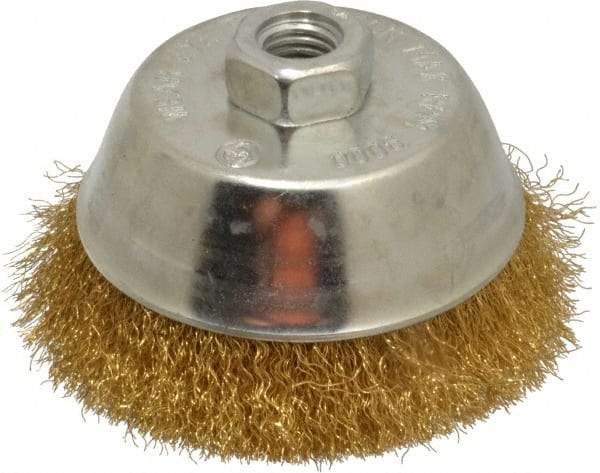 Value Collection - 4" Diam, 5/8-11 Threaded Arbor, Brass Fill Cup Brush - 0.008 Wire Diam, 1-1/8" Trim Length, 9,000 Max RPM - Exact Industrial Supply