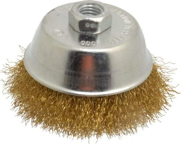 Value Collection - 4" Diam, 5/8-11 Threaded Arbor, Brass Fill Cup Brush - 0.014 Wire Diam, 1-1/8" Trim Length, 9,000 Max RPM - Exact Industrial Supply