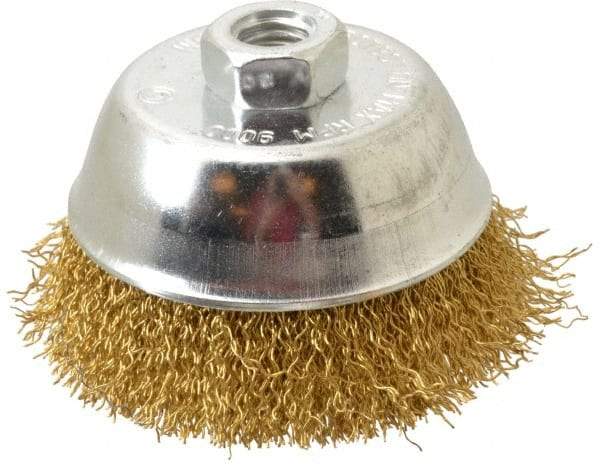 Value Collection - 4" Diam, 5/8-11 Threaded Arbor, Brass Fill Cup Brush - 0.02 Wire Diam, 1-1/8" Trim Length, 9,000 Max RPM - Exact Industrial Supply
