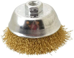 Value Collection - 4" Diam, 5/8-11 Threaded Arbor, Brass Fill Cup Brush - 0.02 Wire Diam, 1-1/8" Trim Length, 9,000 Max RPM - Exact Industrial Supply