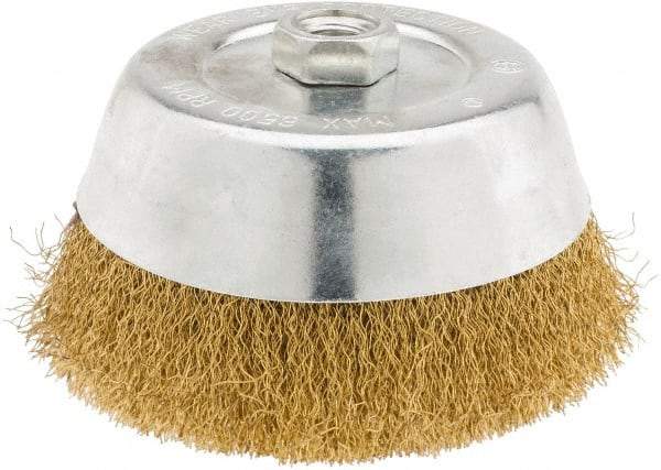Value Collection - 6" Diam, 5/8-11 Threaded Arbor, Brass Fill Cup Brush - 0.014 Wire Diam, 1-1/4" Trim Length, 6,500 Max RPM - Exact Industrial Supply