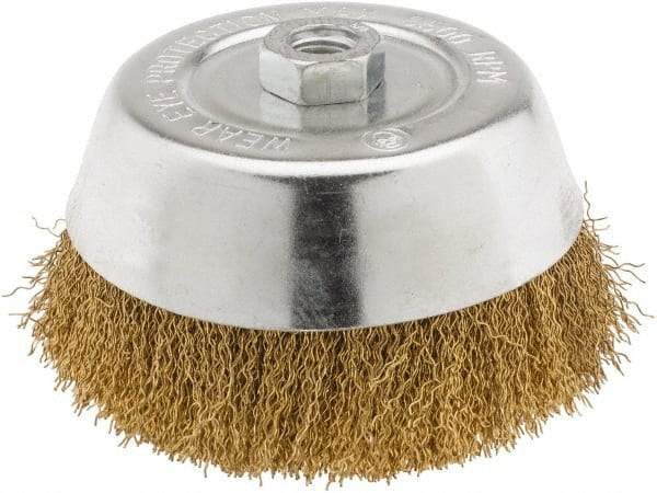Value Collection - 6" Diam, 5/8-11 Threaded Arbor, Brass Fill Cup Brush - 0.02 Wire Diam, 1-1/4" Trim Length, 6,000 Max RPM - Exact Industrial Supply