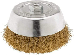 Value Collection - 6" Diam, 5/8-11 Threaded Arbor, Brass Fill Cup Brush - 0.02 Wire Diam, 1-1/4" Trim Length, 6,000 Max RPM - Exact Industrial Supply