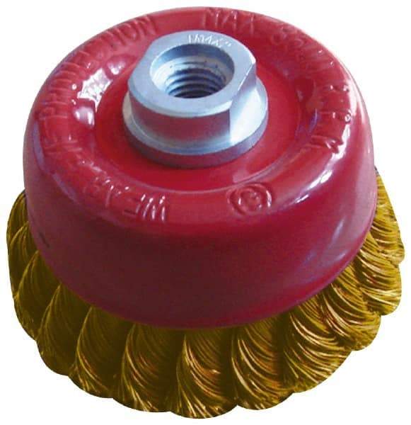 Value Collection - 2-3/4" Diam, M14x.20 Threaded Arbor, Brass Fill Cup Brush - 0.02 Wire Diam, 3/4" Trim Length, 12,500 Max RPM - Exact Industrial Supply