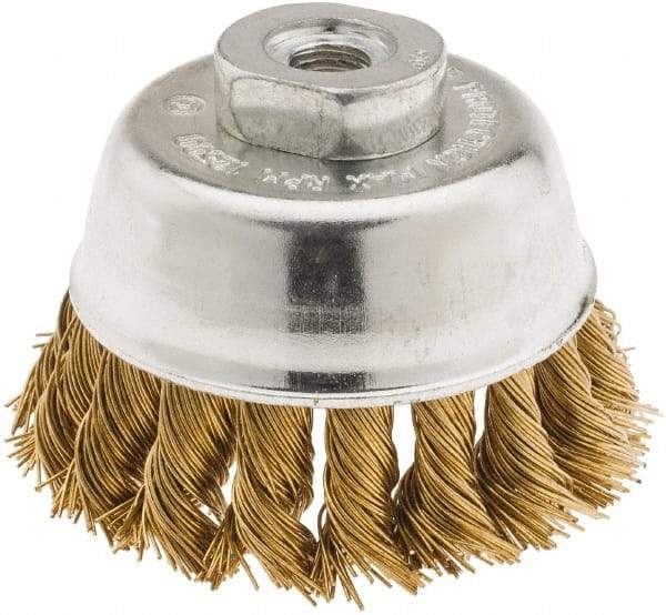 Value Collection - 2-3/4" Diam, 3/8-24 Threaded Arbor, Brass Fill Cup Brush - 0.02 Wire Diam, 3/4" Trim Length, 12,500 Max RPM - Exact Industrial Supply