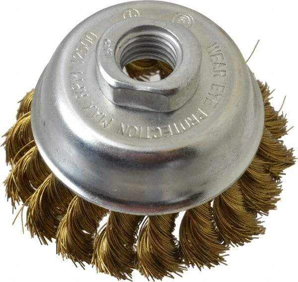 Value Collection - 2-3/4" Diam, 5/8-11 Threaded Arbor, Brass Fill Cup Brush - 0.014 Wire Diam, 3/4" Trim Length, 12,500 Max RPM - Exact Industrial Supply