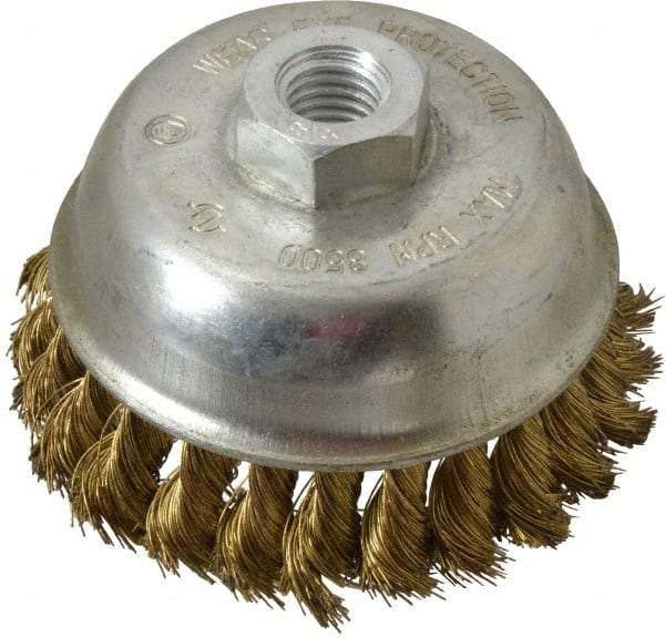 Value Collection - 4" Diam, 5/8-11 Threaded Arbor, Brass Fill Cup Brush - 0.014 Wire Diam, 7/8" Trim Length, 8,500 Max RPM - Exact Industrial Supply