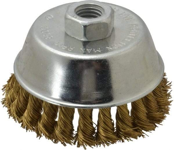 Value Collection - 4" Diam, 5/8-11 Threaded Arbor, Brass Fill Cup Brush - 0.02 Wire Diam, 7/8" Trim Length, 8,500 Max RPM - Exact Industrial Supply