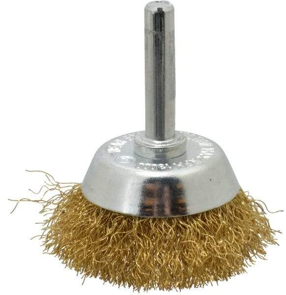 Value Collection - 1-3/4" Diam, 1/4" Shank Diam, Brass Fill Cup Brush - 0.008 Wire Diam, 9/16" Trim Length, 13,000 Max RPM - Exact Industrial Supply