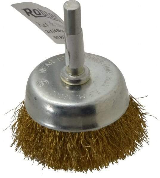 Value Collection - 2" Diam, 1/4" Shank Diam, Brass Fill Cup Brush - 0.008 Wire Diam, 5/8" Trim Length, 13,000 Max RPM - Exact Industrial Supply