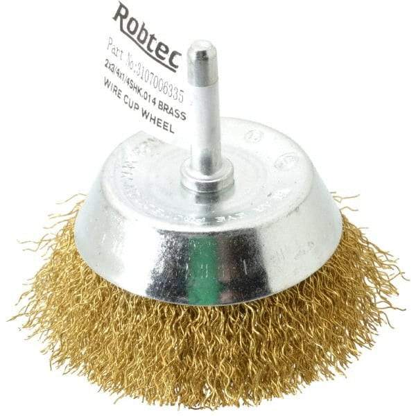 Value Collection - 2-3/4" Diam, 1/4" Shank Diam, Brass Fill Cup Brush - 0.014 Wire Diam, 7/8" Trim Length, 8,500 Max RPM - Exact Industrial Supply