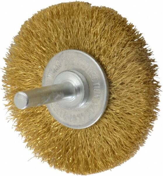Value Collection - 2-1/2" OD, 1/4" Shank Diam, Crimped Brass Wheel Brush - 3/8" Face Width, 1/2" Trim Length, 0.008" Filament Diam, 20,000 RPM - Exact Industrial Supply