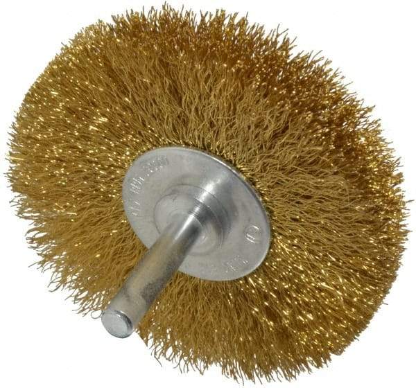 Value Collection - 3" OD, 1/4" Shank Diam, Crimped Brass Wheel Brush - 3/8" Face Width, 7/8" Trim Length, 0.008" Filament Diam, 20,000 RPM - Exact Industrial Supply