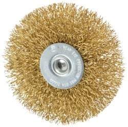 Value Collection - 3" OD, 1/4" Shank Diam, Crimped Brass Wheel Brush - 3/8" Face Width, 7/8" Trim Length, 0.014" Filament Diam, 20,000 RPM - Exact Industrial Supply