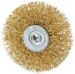 Value Collection - 3" OD, 1/4" Shank Diam, Crimped Brass Wheel Brush - 3/8" Face Width, 7/8" Trim Length, 0.014" Filament Diam, 20,000 RPM - Exact Industrial Supply