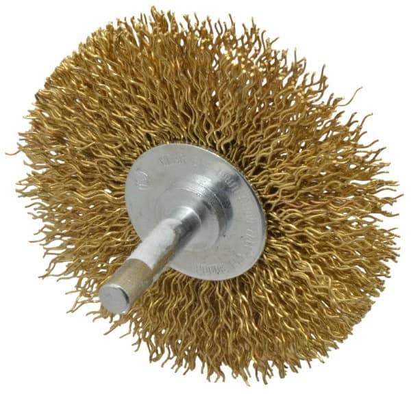 Value Collection - 3" OD, 1/4" Shank Diam, Crimped Brass Wheel Brush - 3/8" Face Width, 7/8" Trim Length, 0.02" Filament Diam, 20,000 RPM - Exact Industrial Supply