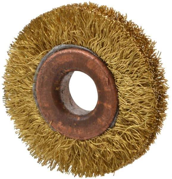 Value Collection - 1-1/2" OD, 3/8" Arbor Hole, Crimped Brass Wheel Brush - 5/16" Face Width, 3/8" Trim Length, 0.008" Filament Diam, 20,000 RPM - Exact Industrial Supply