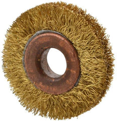 Value Collection - 1-1/2" OD, 3/8" Arbor Hole, Crimped Brass Wheel Brush - 5/16" Face Width, 3/8" Trim Length, 0.008" Filament Diam, 20,000 RPM - Exact Industrial Supply