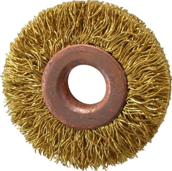 Value Collection - 1-1/2" OD, 3/8" Arbor Hole, Crimped Brass Wheel Brush - 5/16" Face Width, 3/8" Trim Length, 0.014" Filament Diam, 20,000 RPM - Exact Industrial Supply