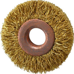 Value Collection - 1-1/2" OD, 3/8" Arbor Hole, Crimped Brass Wheel Brush - 5/16" Face Width, 3/8" Trim Length, 0.014" Filament Diam, 20,000 RPM - Exact Industrial Supply