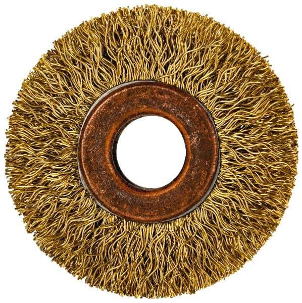 Value Collection - 2" OD, 1/2" Arbor Hole, Crimped Brass Wheel Brush - 5/16" Face Width, 3/8" Trim Length, 0.014" Filament Diam, 20,000 RPM - Exact Industrial Supply