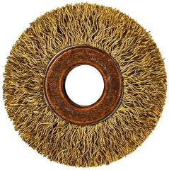 Value Collection - 2" OD, 1/2" Arbor Hole, Crimped Brass Wheel Brush - 5/16" Face Width, 3/8" Trim Length, 0.014" Filament Diam, 20,000 RPM - Exact Industrial Supply
