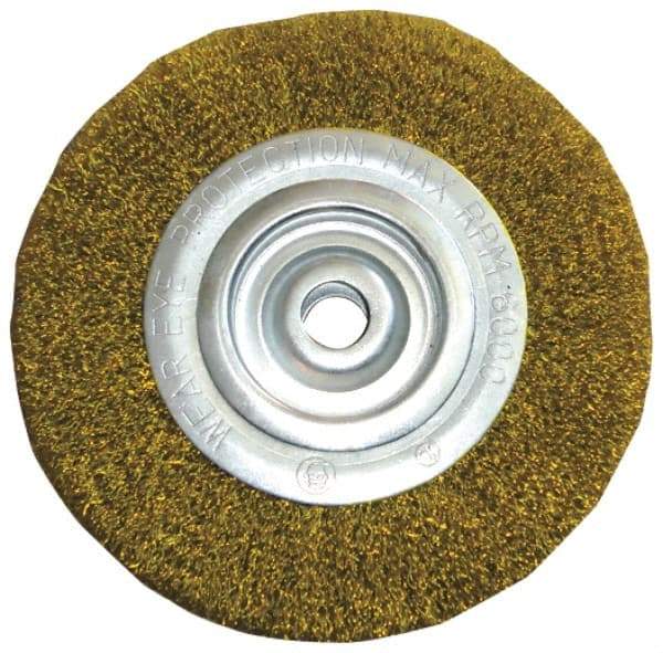 Value Collection - 8" OD, 2" Arbor Hole, Crimped Brass Wheel Brush - 1" Face Width, 1-3/4" Trim Length, 0.012" Filament Diam, 4,500 RPM - Exact Industrial Supply