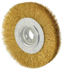 Value Collection - 4" OD, 5/8" Arbor Hole, Crimped Brass Wheel Brush - 1/2" Face Width, 5/8" Trim Length, 0.008" Filament Diam, 6,000 RPM - Exact Industrial Supply