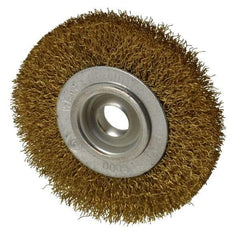 Value Collection - 4" OD, 5/8" Arbor Hole, Crimped Brass Wheel Brush - 1/2" Face Width, 5/8" Trim Length, 0.014" Filament Diam, 6,000 RPM - Exact Industrial Supply