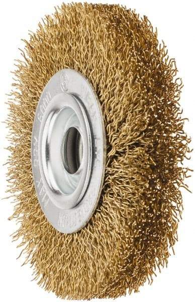 Value Collection - 4" OD, 5/8" Arbor Hole, Crimped Brass Wheel Brush - 1/2" Face Width, 5/8" Trim Length, 0.02" Filament Diam, 6,000 RPM - Exact Industrial Supply