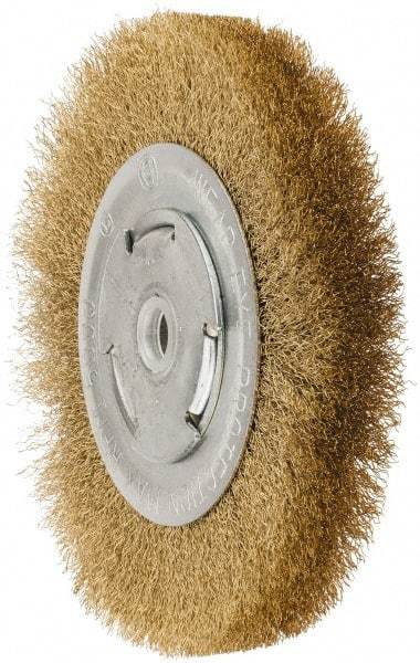 Value Collection - 6" OD, 5/8" Arbor Hole, Crimped Brass Wheel Brush - 1" Face Width, 1-1/8" Trim Length, 0.008" Filament Diam, 6,000 RPM - Exact Industrial Supply