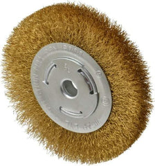 Value Collection - 6" OD, 5/8" Arbor Hole, Crimped Brass Wheel Brush - 1" Face Width, 1-1/8" Trim Length, 0.012" Filament Diam, 6,000 RPM - Exact Industrial Supply