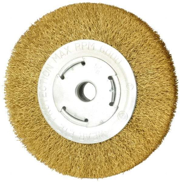 Value Collection - 6" OD, 5/8" Arbor Hole, Crimped Brass Wheel Brush - 1" Face Width, 1-1/8" Trim Length, 0.014" Filament Diam, 6,000 RPM - Exact Industrial Supply