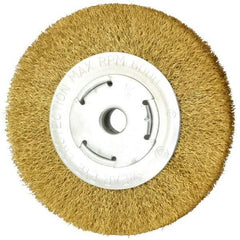 Value Collection - 6" OD, 5/8" Arbor Hole, Crimped Brass Wheel Brush - 1" Face Width, 1-1/8" Trim Length, 0.014" Filament Diam, 6,000 RPM - Exact Industrial Supply