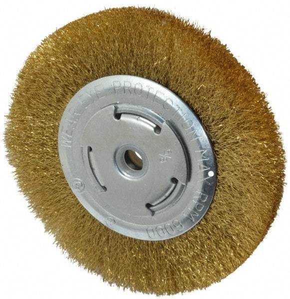 Value Collection - 6" OD, 5/8" Arbor Hole, Crimped Brass Wheel Brush - 1/2" Face Width, 1-1/8" Trim Length, 0.008" Filament Diam, 6,000 RPM - Exact Industrial Supply