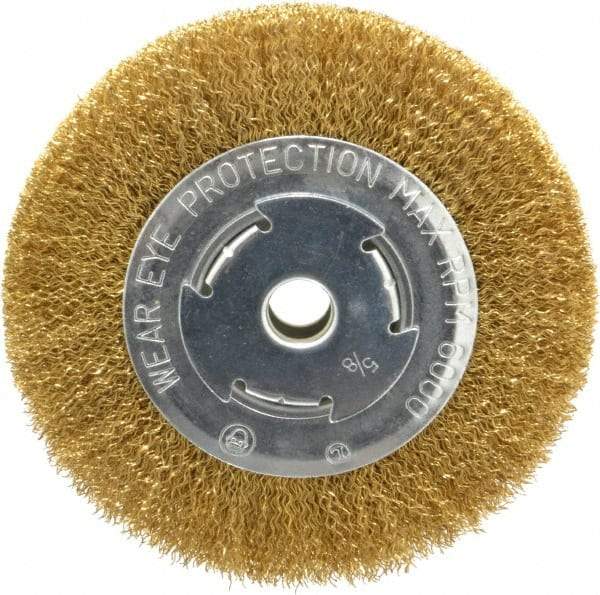 Value Collection - 6" OD, 5/8" Arbor Hole, Crimped Brass Wheel Brush - 1/2" Face Width, 1-1/8" Trim Length, 0.014" Filament Diam, 6,000 RPM - Exact Industrial Supply