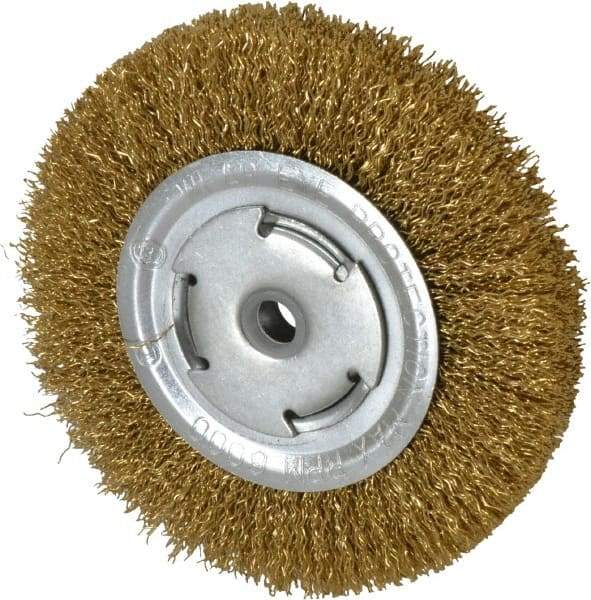 Value Collection - 6" OD, 5/8" Arbor Hole, Crimped Brass Wheel Brush - 1/2" Face Width, 1-1/8" Trim Length, 0.02" Filament Diam, 6,000 RPM - Exact Industrial Supply