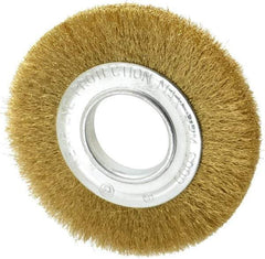 Value Collection - 6" OD, 2" Arbor Hole, Crimped Brass Wheel Brush - 7/8" Face Width, 1-1/8" Trim Length, 0.008" Filament Diam, 6,000 RPM - Exact Industrial Supply