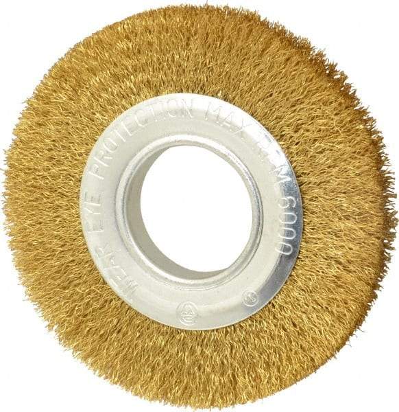 Value Collection - 6" OD, 1/4" Arbor Hole, Crimped Brass Wheel Brush - 7/8" Face Width, 1-1/8" Trim Length, 0.012" Filament Diam, 6,000 RPM - Exact Industrial Supply