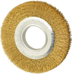 Value Collection - 6" OD, 1/4" Arbor Hole, Crimped Brass Wheel Brush - 7/8" Face Width, 1-1/8" Trim Length, 0.012" Filament Diam, 6,000 RPM - Exact Industrial Supply