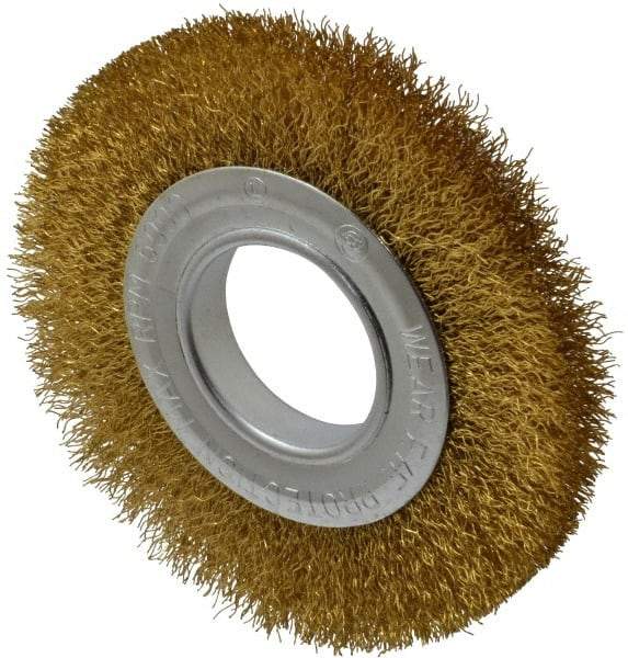 Value Collection - 6" OD, 2" Arbor Hole, Crimped Brass Wheel Brush - 7/8" Face Width, 1-1/8" Trim Length, 0.014" Filament Diam, 6,000 RPM - Exact Industrial Supply