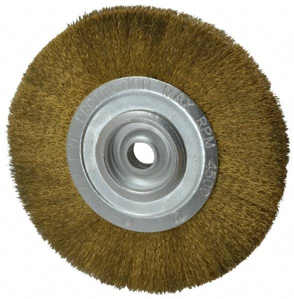 Value Collection - 8" OD, 3/4" Arbor Hole, Crimped Brass Wheel Brush - 1/2" Face Width, 1-3/4" Trim Length, 0.008" Filament Diam, 4,500 RPM - Exact Industrial Supply