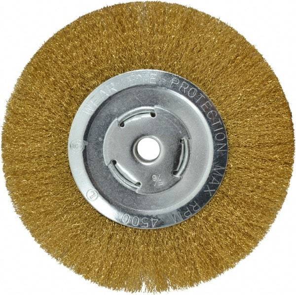 Value Collection - 8" OD, 5/8" Arbor Hole, Crimped Brass Wheel Brush - 1/2" Face Width, 1-3/4" Trim Length, 0.008" Filament Diam, 4,500 RPM - Exact Industrial Supply