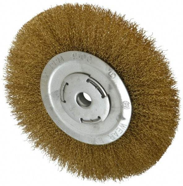 Value Collection - 8" OD, 5/8" Arbor Hole, Crimped Brass Wheel Brush - 1" Face Width, 1-3/4" Trim Length, 0.014" Filament Diam, 4,500 RPM - Exact Industrial Supply