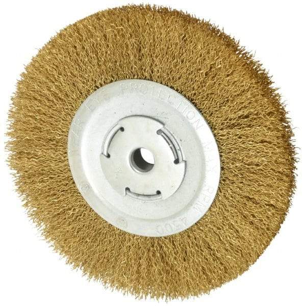 Value Collection - 8" OD, 5/8" Arbor Hole, Crimped Brass Wheel Brush - 1/2" Face Width, 1-3/4" Trim Length, 0.02" Filament Diam, 4,500 RPM - Exact Industrial Supply