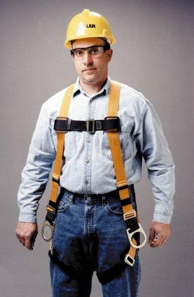 Miller - 400 Lb Capacity, Size Universal, Full Body Construction Safety Harness - Polyester, Side D-Ring, Mating Leg Strap, Mating Chest Strap, Yellow/Black - Exact Industrial Supply