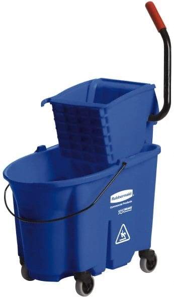 Rubbermaid - 35 Qt Plastic Bucket & Wringer - 20-1/8" Long x 36-1/2" High x 15-3/4" Wide, Blue - Exact Industrial Supply