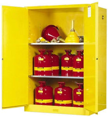 Justrite - 2 Door, 2 Shelf, Yellow Steel Standard Safety Cabinet for Flammable and Combustible Liquids - 65" High x 43" Wide x 34" Deep, Self Closing Door, 90 Gal Capacity - Exact Industrial Supply