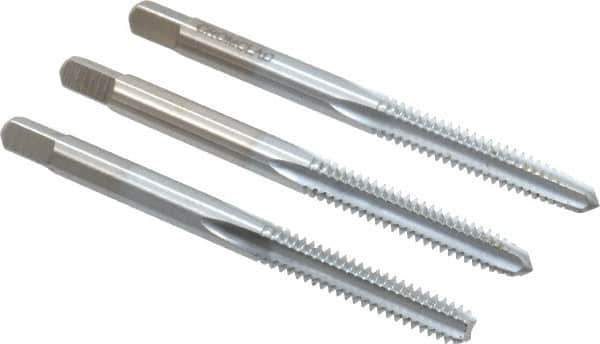 Made in USA - #10-24 UNC, 4 Flute, Bottoming, Plug & Taper, Chrome Finish, High Speed Steel Tap Set - Right Hand Cut, 2-3/8" OAL, 7/8" Thread Length, 2B/3B Class of Fit - Exact Industrial Supply